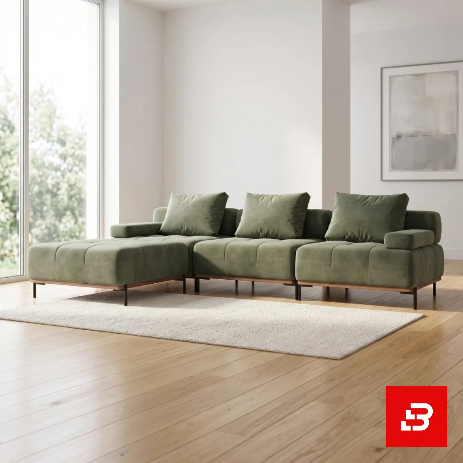 Bahoo Luxury L-Shape Sectional Sofa Upholstered - Bahoo Furniture Bright modern living room interior showcasing a contemporary l-shape tufted sectional sofa upholstered in soft beige velvet with matching plush cushions and slender legs by Bahoo Furniture UAE