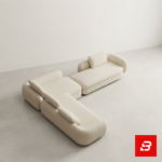 Aerial view of a contemporary interior showcasing an off white bouclé modular sectional sofa paired with an organic marble coffee table and terrazzo flooring by Bahoo Furniture UAE