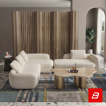Aerial view of a contemporary interior showcasing an off white bouclé modular sectional sofa paired with an organic marble coffee table and terrazzo flooring by Bahoo Furniture UAE
