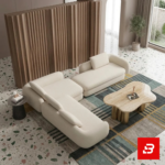 Aerial view of a contemporary interior showcasing an off white bouclé modular sectional sofa paired with an organic marble coffee table and terrazzo flooring by Bahoo Furniture UAE