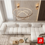 Grand double-height living room interior showcasing a luxury l-shape sectional sofa upholstered in soft off white bouclé fabric with a modern ring chandelier and marble coffee table by Bahoo Furniture UAE
