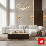 Grand double-height living room interior showcasing a luxury l-shape sectional sofa upholstered in soft off white bouclé fabric with a modern ring chandelier and marble coffee table by Bahoo Furniture UAE