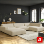Sophisticated dark interior setting showcasing an expansive beige fabric u-shape sectional sofa against dark grey walls, framed art, and wooden flooring by Bahoo Furniture UAE