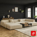 Sophisticated dark interior setting showcasing an expansive beige fabric u-shape sectional sofa against dark grey walls, framed art, and wooden flooring by Bahoo Furniture UAE