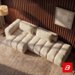 Warm sunset interior setting showcasing a modern fluted l-shape sectional sofa upholstered in soft off white fabric against dark wood wall paneling and a floor lamp by Bahoo Furniture UAE