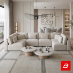 Sophisticated open-plan living room interior showcasing a large beige bouclé u-shape sectional sofa with matching round stone coffee tables and pendant lighting by Bahoo Furniture UAE