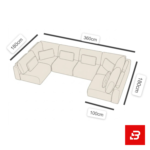 Sophisticated open-plan living room interior showcasing a large beige bouclé u-shape sectional sofa with matching round stone coffee tables and pendant lighting by Bahoo Furniture UAE