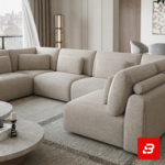 Sophisticated open-plan living room interior showcasing a large beige bouclé u-shape sectional sofa with matching round stone coffee tables and pendant lighting by Bahoo Furniture UAE