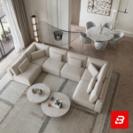 Sophisticated open-plan living room interior showcasing a large beige bouclé u-shape sectional sofa with matching round stone coffee tables and pendant lighting by Bahoo Furniture UAE