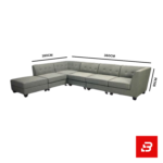 Modern contemporary living room featuring a warm gray fabric button-tufted l-shape sectional sofa set with a matching ottoman and minimalist shelves by Bahoo Furniture UAE
