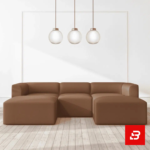 Minimalist luxury living room showcasing a sleek brown fabric modular u-shape sectional sofa with dual ottomans beneath hanging globe pendant lights by Bahoo Furniture UAE