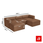 Minimalist luxury living room showcasing a sleek brown fabric modular u-shape sectional sofa with dual ottomans beneath hanging globe pendant lights by Bahoo Furniture UAE