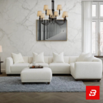 Luminous classic living room interior showcasing an off white bouclé l-shape sectional sofa with a matching ottoman, vintage chandelier, and marble accent wall by Bahoo Furniture UAE