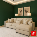 Elegant living room interior with deep green walls showcasing a beige fabric l-shape sectional sofa with contrast piping trim, matching scatter cushions, and framed artwork by Bahoo Furniture UAE