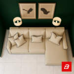 Elegant living room interior with deep green walls showcasing a beige fabric l-shape sectional sofa with contrast piping trim, matching scatter cushions, and framed artwork by Bahoo Furniture UAE