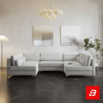 Minimalist modern living room interior showcasing a textured gray corduroy u-shape sectional sofa against dark marble flooring, minimalist abstract art, and a bubble chandelier by Bahoo Furniture UAE