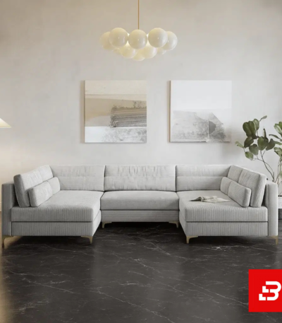 Minimalist modern living room interior showcasing a textured gray corduroy u-shape sectional sofa against dark marble flooring, minimalist abstract art, and a bubble chandelier by Bahoo Furniture UAE