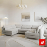 Minimalist modern living room interior showcasing a textured gray corduroy u-shape sectional sofa against dark marble flooring, minimalist abstract art, and a bubble chandelier by Bahoo Furniture UAE