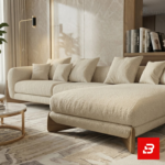 Elegant bright living room interior showcasing a luxury l-shape sectional sofa upholstered in off white bouclé fabric with nesting marble coffee tables and a indoor plant by Bahoo Furniture UAE