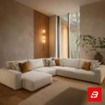 Contemporary warm-toned living room interior showcasing an off white fabric l-shape sectional sofa styled with rust and patterned accent pillows against wood slat wall panels by Bahoo Furniture UAE