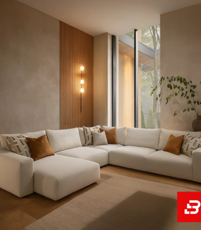Contemporary warm-toned living room interior showcasing an off white fabric l-shape sectional sofa styled with rust and patterned accent pillows against wood slat wall panels by Bahoo Furniture UAE