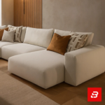 Contemporary warm-toned living room interior showcasing an off white fabric l-shape sectional sofa styled with rust and patterned accent pillows against wood slat wall panels by Bahoo Furniture UAE