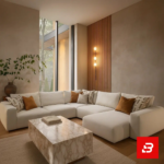 Contemporary warm-toned living room interior showcasing an off white fabric l-shape sectional sofa styled with rust and patterned accent pillows against wood slat wall panels by Bahoo Furniture UAE