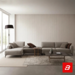 Minimalist modern living room interior showcasing a warm gray fabric l-shape sectional sofa against vertical paneled walls, floor lamp, and low wooden coffee table by Bahoo Furniture UAE