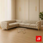 Luxurious modern living room interior showcasing a beige tufted l-shape sectional sofa with button tufting, gold metal legs, glass coffee table, and vertical slat wall panels by Bahoo Furniture UAE
