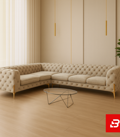Luxurious modern living room interior showcasing a beige tufted l-shape sectional sofa with button tufting, gold metal legs, glass coffee table, and vertical slat wall panels by Bahoo Furniture UAE