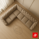 Luxurious modern living room interior showcasing a beige tufted l-shape sectional sofa with button tufting, gold metal legs, glass coffee table, and vertical slat wall panels by Bahoo Furniture UAE