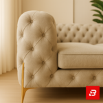 Luxurious modern living room interior showcasing a beige tufted l-shape sectional sofa with button tufting, gold metal legs, glass coffee table, and vertical slat wall panels by Bahoo Furniture UAE