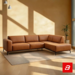 Sunlit modern living room interior showcasing a beige leatherette l-shape sectional sofa with vertical channel tufting, slim black metal legs, and warm minimalist wall lighting by Bahoo Furniture UAE