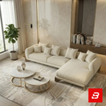 Elegant bright living room interior showcasing a luxury l-shape sectional sofa upholstered in off white bouclé fabric with nesting marble coffee tables and a indoor plant by Bahoo Furniture UAE