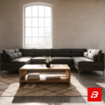 Bright modern living room interior showcasing a warm gray fabric u-shape sectional sofa with supportive bolster cushions against a large arched window and wooden coffee table by Bahoo Furniture UAE