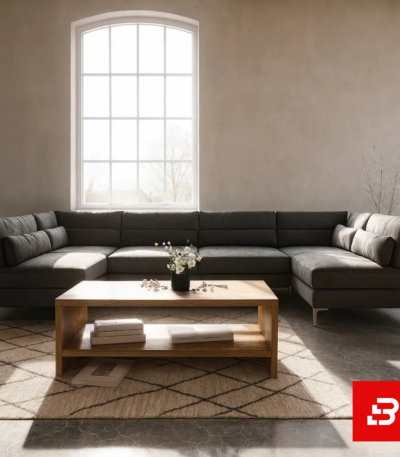 Bright modern living room interior showcasing a warm gray fabric u-shape sectional sofa with supportive bolster cushions against a large arched window and wooden coffee table by Bahoo Furniture UAE