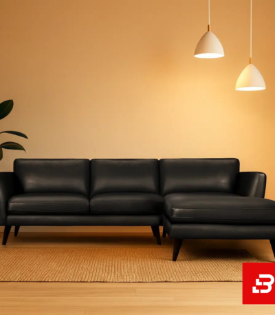 Warmly lit modern living room interior showcasing a gray leatherette l-shape sectional sofa with slender dark wooden legs, hanging pendant lights, and indoor plant by Bahoo Furniture UAE