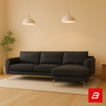 Warmly lit modern living room interior showcasing a warm gray leatherette l-shape sectional sofa with slim steel legs, minimalist pendant lamps, and indoor greenery by Bahoo Furniture UAE