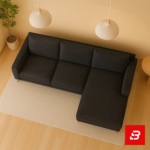 Warmly lit modern living room interior showcasing a warm gray leatherette l-shape sectional sofa with slim steel legs, minimalist pendant lamps, and indoor greenery by Bahoo Furniture UAE