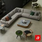 Overhead aerial interior view of a modern minimalist living room featuring a warm gray fabric u-shape sectional sofa styled with colorful accent pillows, a stone-top coffee table, and side accent tables by Bahoo Furniture UAE