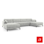 Studio product render of a modern luxury off white fabric tufted u-shape sectional sofa with deep button tufting and slim black metal legs by Bahoo Furniture UAE