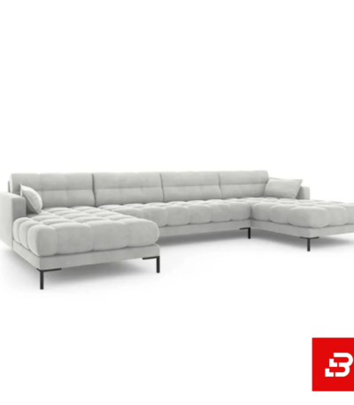 Studio product render of a modern luxury off white fabric tufted u-shape sectional sofa with deep button tufting and slim black metal legs by Bahoo Furniture UAE