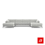 Studio product render of a modern luxury off white fabric tufted u-shape sectional sofa with deep button tufting and slim black metal legs by Bahoo Furniture UAE