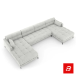 Studio product render of a modern luxury off white fabric tufted u-shape sectional sofa with deep button tufting and slim black metal legs by Bahoo Furniture UAE