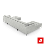 Studio product render of a modern luxury off white fabric tufted u-shape sectional sofa with deep button tufting and slim black metal legs by Bahoo Furniture UAE