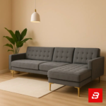Warmly lit modern living room interior showcasing a warm gray fabric tufted l-shape sectional sofa with deep button tufting, gleaming gold metal legs, pendant lights, and indoor plant by Bahoo Furniture UAE