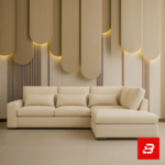 Modern minimalist living room interior showcasing a beige fabric l-shape sectional sofa with matching bolster pillows against a vertical wood panel accent wall with warm lighting by Bahoo Furniture UAE