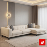 Modern minimalist living room interior showcasing a beige fabric tufted l-shape sectional sofa with patterned accent pillows, dark wood legs, and a vertical wood wall panel with circular wall sconce by Bahoo Furniture UAE
