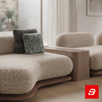 Sunlit minimal living room interior showcasing a sweeping curved modular sectional sofa upholstered in soft beige bouclé fabric with a wooden console table and sheer curtains by Bahoo Furniture UAE