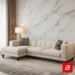 Modern minimalist living room interior showcasing a beige fabric tufted l-shape sectional sofa with patterned accent pillows, dark wood legs, and a vertical wood wall panel with circular wall sconce by Bahoo Furniture UAE